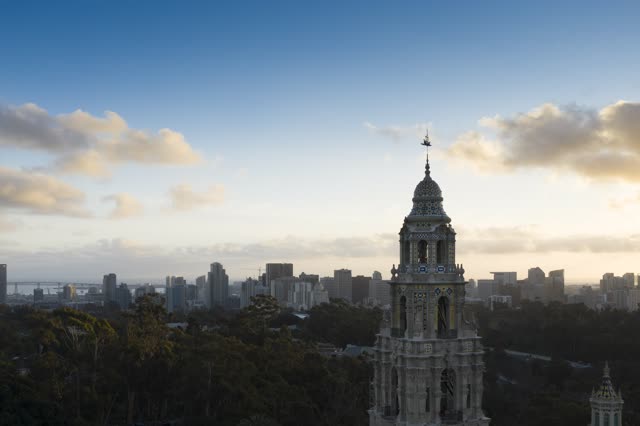 Aerial view of a park, the bridge and the skyline in Balboa Park.
