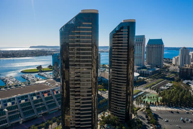 Aerial view of the downtown streets, the skyline and boats at San Diego Marina.