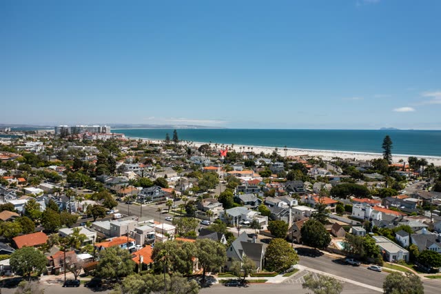 Aerial view of a residential street, palm trees and the ocean in Coronado.