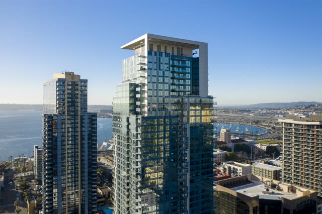 Aerial view of the downtown streets, the skyline and boats at Waterfront.