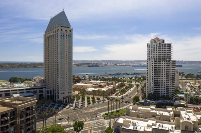 The downtown streets, the skyline and boats at San Diego Marina.