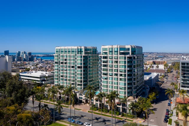 Aerial view of the downtown streets, the skyline and palm trees at Bankers Hill.
