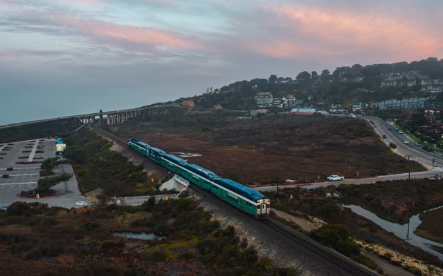 Aerial view of the country inland, the bridge and traffic at Torrey Pines.