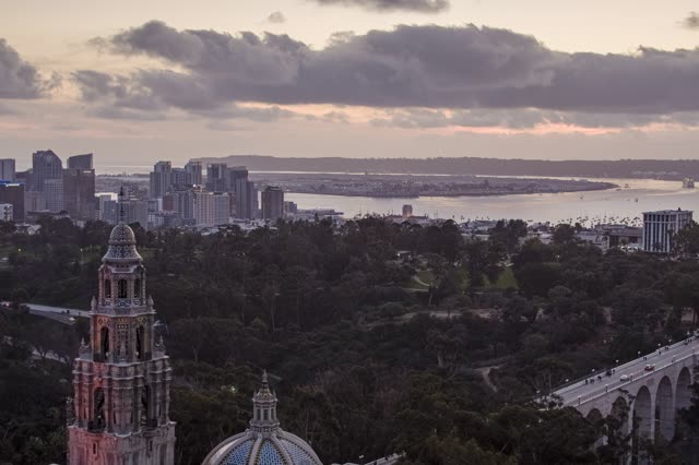 Aerial view of a park, the bridge and the skyline in Balboa Park.