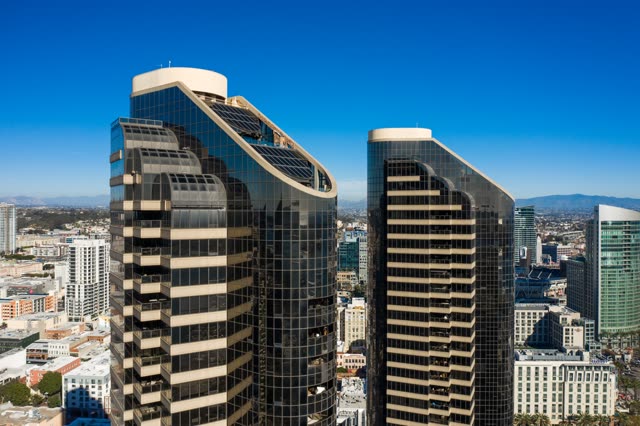 Aerial view of the downtown streets, the skyline and the buildings at San Diego Marina.