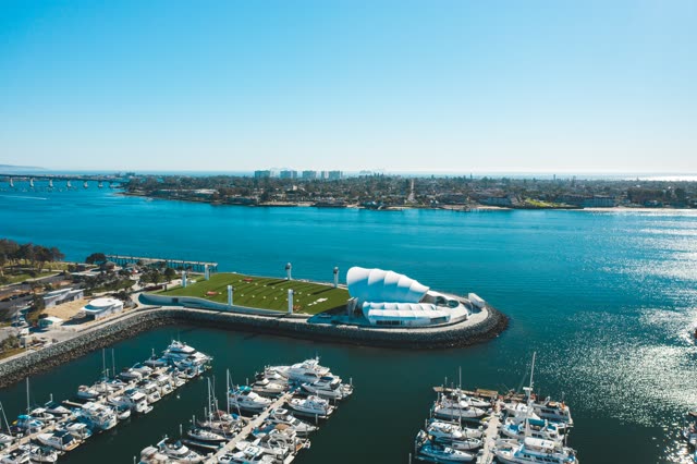 Aerial view of the harbor, the bridge and boats at Embarcadero.