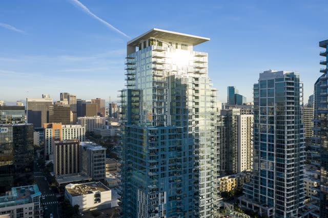 Aerial view of the downtown streets, the skyline and the buildings at Waterfront.