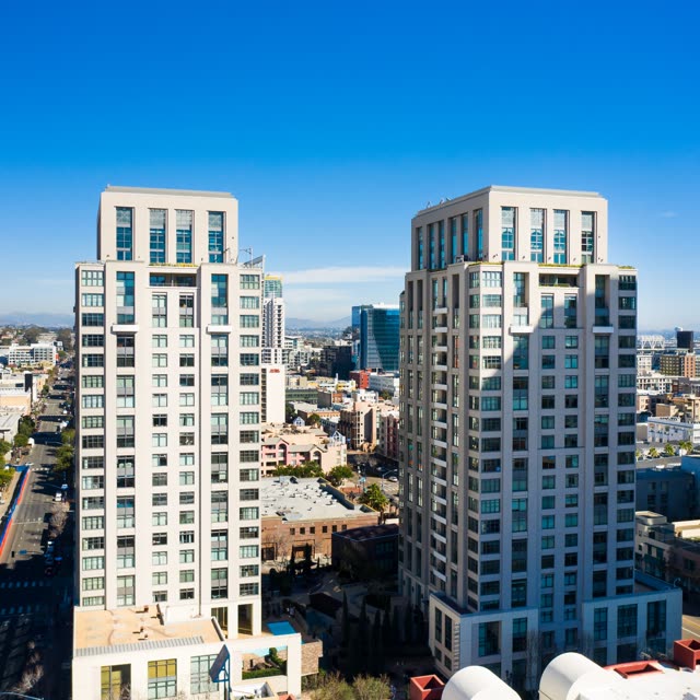 Aerial view of the downtown streets, the skyline and the buildings at San Diego Marina.